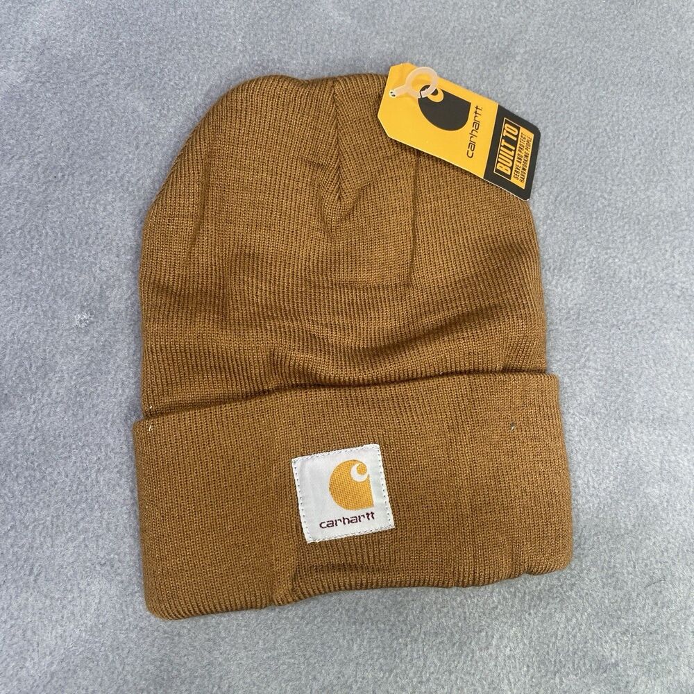 Carhartt Beanie Unisex One Size Brown Logo Workwear Knit Winter Hat USA Cuff
